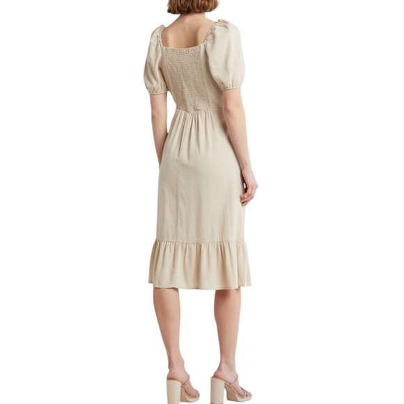 Ellen Tracy Sweetheart Neckline Balloon Sleeve Flounce Linen Midi Dress Sz Large - Picture 9 of 11